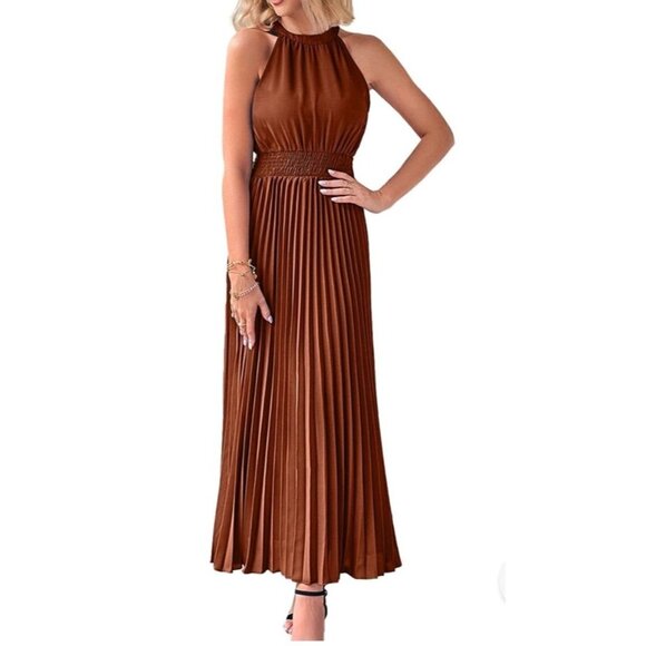 Womens Rust Halter Maxi Dress With Pleated Skirt & Smocked Waist Size XL Party - Picture 1 of 12